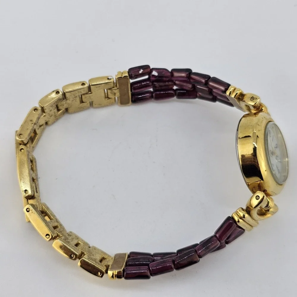 Women's Analog Watch‎ 25MM Light Yellow Dial Gold Purple Bands 6.75